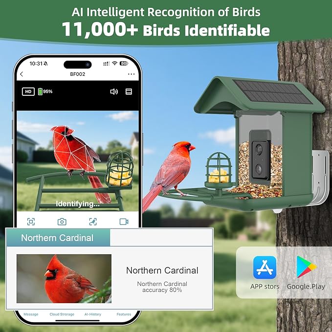 Smart Bird Feeder with Camera Solar Powered,AI Species Identify,1080 HD Video,Instant Arrival Alerts,2L Large Capacity,IP65 Waterproof,Squirrel Proof Wild Hummingbird Feeders for Outdoors, BirdLovers