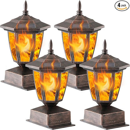 Dynaming 4 Pack Solar Flame Post Lights Outdoor, Solar Powered Lamps Fence Post Cap Lights, Flickering Flame LED Lantern Waterproof for Garden Deck Patio, Fit 4x4, 5x5 or 6x6 Wooden Posts, Bronze