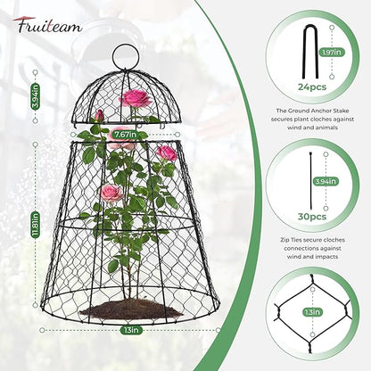 FRUITEAM Metal Plant Covers 6pcs, Heavy Duty Garden Cloche Plant Cage for Outdoor, 13"x15.8"H Rust-Proof Plant Protectors from Animals for Vegetables, Flowers, Seedlings Against Rabbits, Squirrels