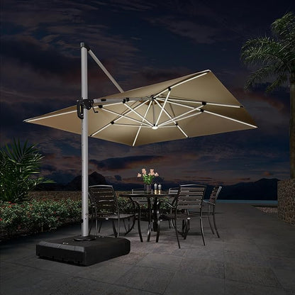 PURPLE LEAF 11 Feet Solar Powered LED Square Cantilever Umbrella With Base Patio Umbrellas Windproof Hanging Umbrella Outdoor Umbrellas Offset Umbrellas, Beige