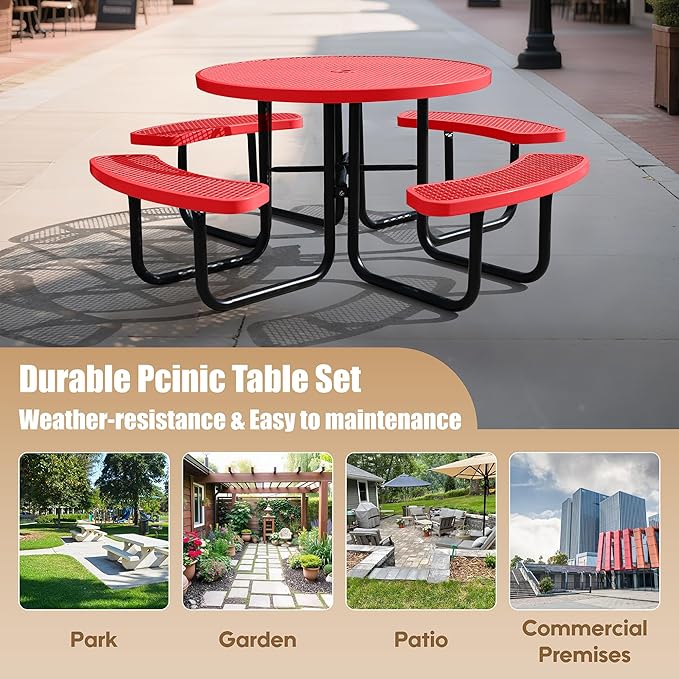 8-Person Picnic Tables for Outdoors, Industrial 46" Expanded Metal Round Picnic Table with 4 Benches & Umbrella Hole, Outside Table and Bench Set for Park, Garden, Backyard, Patio, Red