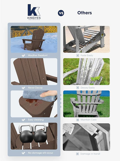KINGYES Folding Adirondack Chair Set of 2, HDPE All-Weather Folding Adirondack Chair, Brown