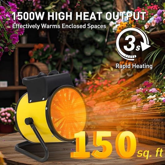 Portable Greenhouse Heater with Digital Thermostat, Overheat Protection, 1500W Radiant Electric Heater for Indoor & Outdoor Use, Garage, Grow Tent, RV, IPX4 Water Resistant, 1 Pack, Yellow