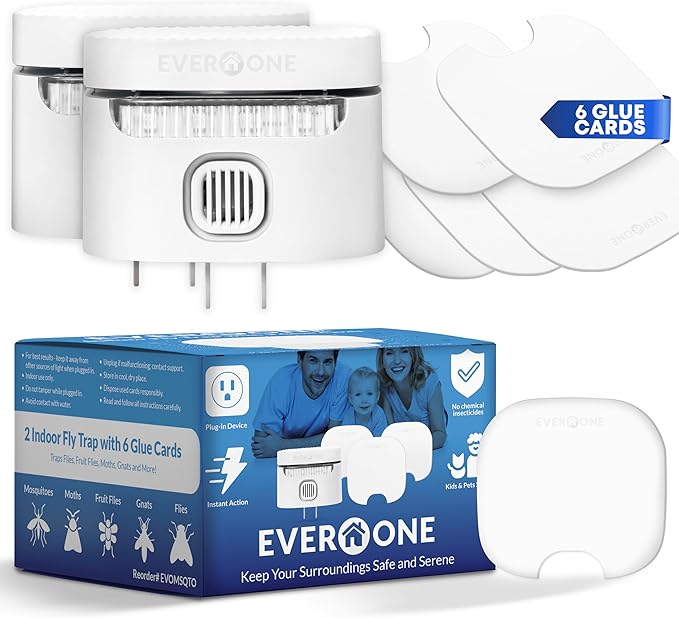 EverOne Indoor Fly Trap 2-Pack with 6 Glue Cards – Dual Device Flying Insect Trap for Home – Bug Catcher and Mosquito Killer – Sticky Traps for Flies, Gnats, and Moths