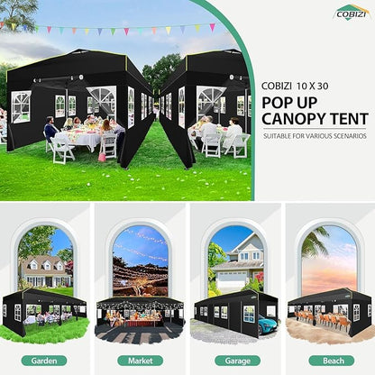 COBIZI 10x30 Pop Up Canopy Tent with Sidewalls - Party Outdoor Wedding Event for Parties - UPF 50+ Windproof Waterproof Gazebo with Air Vent, Wheeled Bag, Sandbag, Stake, Rope (Black)