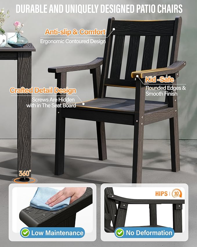 YEFU HIPS Patio Table Set: 7 Piece Outdoor Table and Chairs Dining Furniture Set with Umbrella Hole - Black Modern Plastic Dining Sets 6 Person for Outside Deck with Metal Aluminum Frame