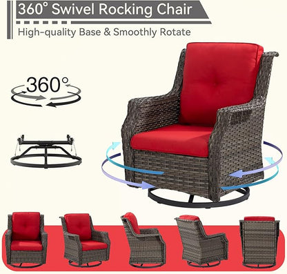 5 Piece Patio Furniture Wicker Conversation Set, 2 Swivel Chairs, 2 Ottomans with 1 Side Table, for Outdoors, Backyard, Deck, Red