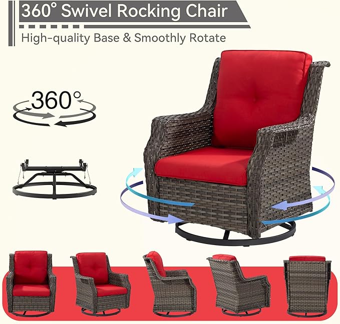 4 Piece Patio Furniture Set, 2 Swivel Glider Chairs and 2 Ottomans PE Wicker Footstool, Outdoors Rattan Conversation Set with Deep Seating and Olefin Cushions, for Backyard, Garden, Red