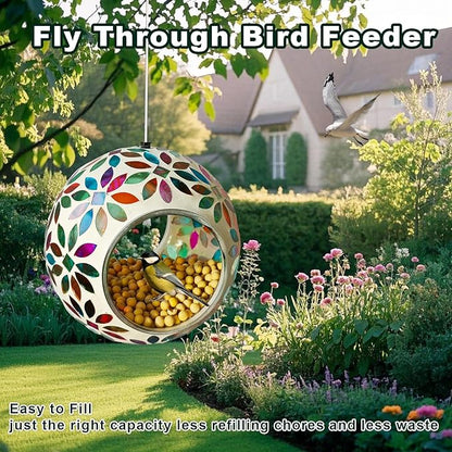 Mosaic Bird Feeder, Outside Hanging with Round Shape Glass BirdFeeders to Attract More Wild Birds, Mosaic Fly Through for Garden, Yard, Backyard, Deck and Porch Decor, Multicolor 7-Inch
