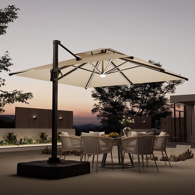 10x10 FT Cantilever Patio Umbrella with Led Lights Double Top Outdoor Square Heavy Duty Offset Umbrellas 360°Rotation Free-motion Track Tilt Windproof for Pool Deck Garden, Beige