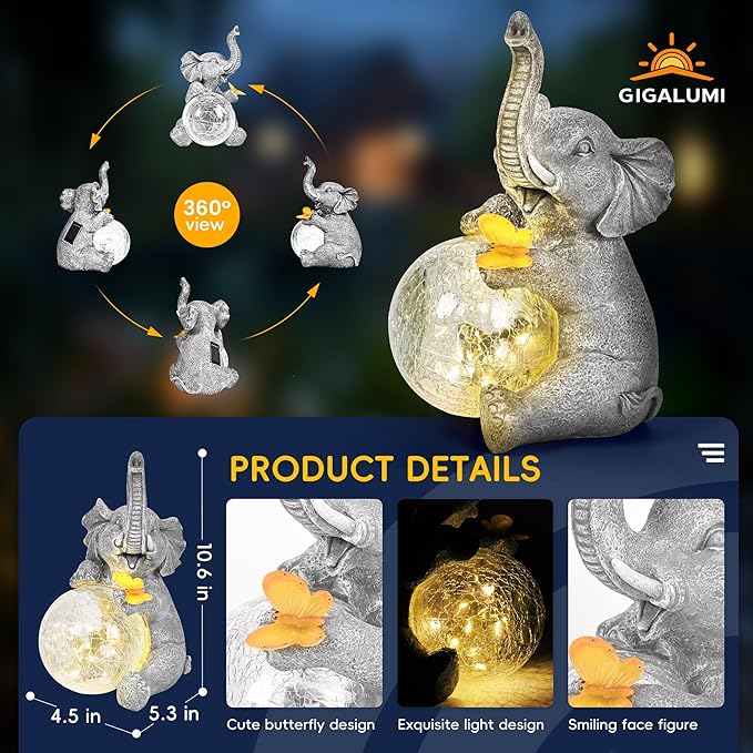 Solar Garden Outdoor Statues for Women, Mom, Grandma. Glass Globe Elephant Figurine Housewarming and Birthday Gifts Elephant Statue Decor for Backyard, Patio, Balcony, Lawn, Pond
