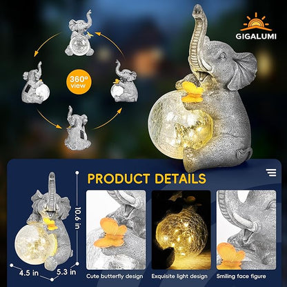 Solar Garden Outdoor Statues for Women, Mom, Grandma. Glass Globe Elephant Figurine Housewarming and Birthday Gifts Elephant Statue Decor for Backyard, Patio, Balcony, Lawn, Pond