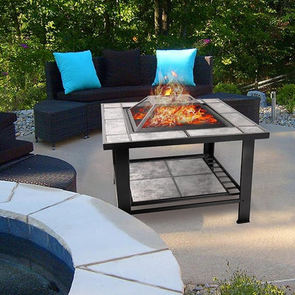 30-Inch Square Fire Pit Table, Wood Burning Fireplace/Firepit with Marble Tile Tabletop, Mesh Lid, Fire Grate, Poker and Nylon Cover