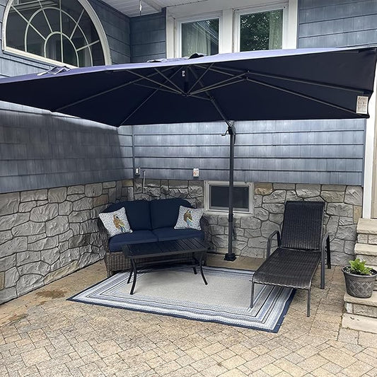 PURPLE LEAF 8 Feet Square Cantilever Umbrella Patio Umbrella with Base Outdoor Umbrella Aluminum Offset with 360-degree Rotation for Garden Deck Pool Patio, Navy Blue