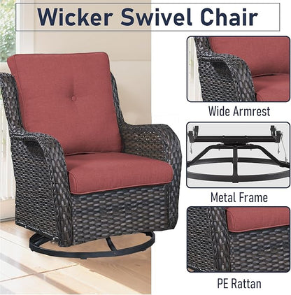 Luxury Wicker Swivel Patio Chairs Set of 3, Outdoor Swivel Rocking Chairs with Side Table, Outdoor Bistro Set for Patio, Porch, Yard, Deck, Poolside, Brown/Red