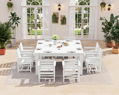 SERWALL Patio Dining Sets for 8, Outdoor Dining Sets for 8 Person with 2 Umbrella Hole Cut-Out Rectangular Tables and 8 Chairs, HDPE Dining Sets for Garden, Backyard, Poolside, White