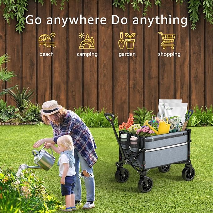 Collapsible Wagon Cart with Wheels Foldable - Folding Utility Heavy Duty Wagons Carts for Grocery Sports Garden Shopping Camping Wheelbarrows (Gray, 120L)