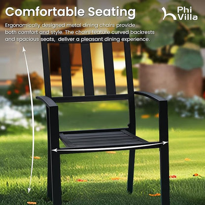 PHI VILLA 7 Pieces Outdoor Round Dining Set for 6, Wrought Iron Dining Table with Umbrella Hole & Stackable Metal Steel Chairs, Large Dining Furniture Set for Patio, Deck, Yard, Porch