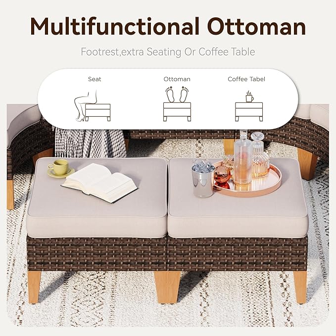 GREEN PARTY 9 Pieces Wicker Patio Furniture Set with 56" Fire Pit Table, All-Weather Outdoor Rattan Patio Sectional Sofa Conversation Set with 4" Thick Cushions for Garden, Backyard, 2 x Ottomans