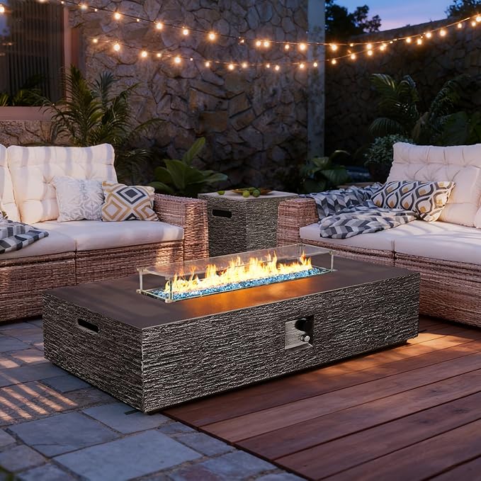 UPHA 56-inch Outdoor Propane Gas Fire Pit Table 50000 BTU Concrete Rectangle FirePit for Outside Patio with Propane Tank Cover, Wind Guad, Blue Glass Rocks, Rain Cover, Grey Horizontal Stripe