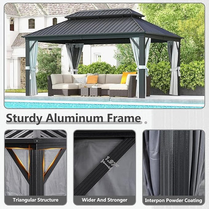 Aoxun 12Ft X 16Ft Hardtop Gazebo, Aluminum Metal Outdoor Gazebo with Breathable Netting and Curtains, Galvanized Steel Double Top, Permanent Patio Pavilion for Backyard, Wedding, Party