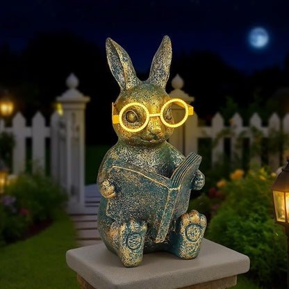 Solar Garden Decor, Adorable Rabbit Statue with Solar-Powered Glasses, Outdoor Bunny Figurine Lights for Patio, Yard & Balcony, for Kids, Mom & Grandma