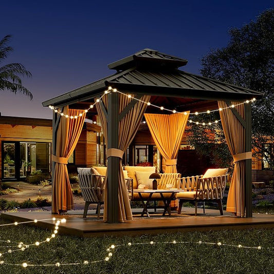 Outdoor Gazebos Canopy 10 x 10 ft Permanent with High Strength Aluminum Frame, Iron Double-Roof, Pavilion with Curtain and Netting for Patio, Lawn, Deck, Garden