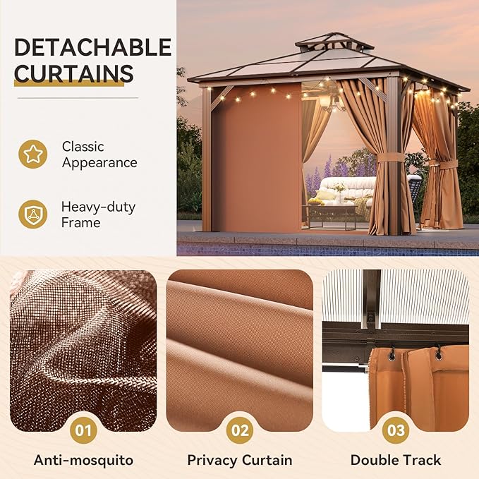 Aoxun 10'x10' Hardtop Gazebo, Aluminum Frame Permanent Pavilion with Netting and Curtains, Outdoor Polycarbonate Double Roof Canopy, Designed for Lawn, Garden, Patio (Khaki)