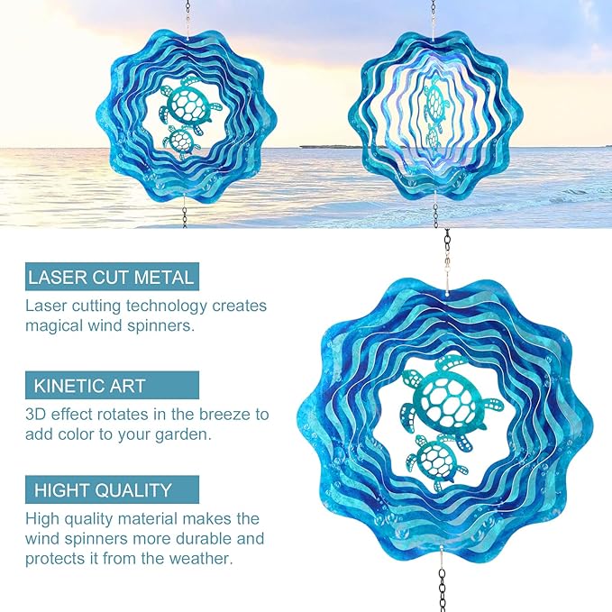 Sea Turtle Hanging Wind Spinners - 12 Inch 3D Kinetic Outdoor Large Metal Wind Spinner Blue Wave and Turtle Pattern with Starfish Pendant for Yard and Garden Decoration Laser Cut Sculpture Art