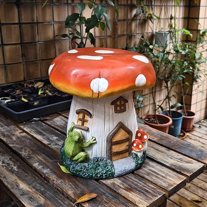 14''H Mushroom House Statue Outdoor Statues Garden Resin Stool Over Sized Sculpture Fairy Forest Pedestal Spring Decor for Home Courtyard Lawn Patio Summer Ornament Indoor Stool