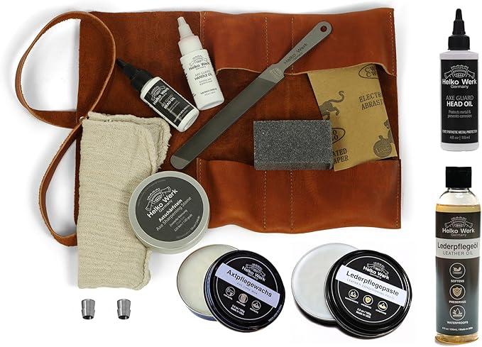 1844 Helko Werk Germany Deluxe Axe Care and Maintenance Kit - Axe Maintenance Tool Care, Sharpening Stone, Axe Wax, Leather Oil, Leather Paste, 4 Oz. AxeGuard (Deluxe Maintenance Kit) #F8790-3