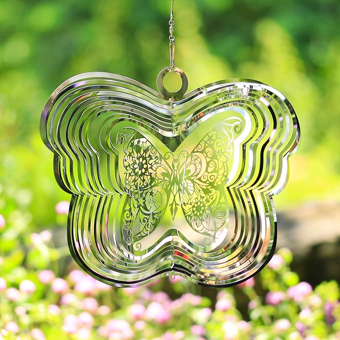 Wind Spinners Outdoor, 3D Butterfly Hanging Wind Spinners, 12 inches, Kinetic, Stainless-Steel Metal, Smooth Spinning, Indoor and Outdoor Decoration for Garden, Patio, Yard, Gift for Women Mom Wife
