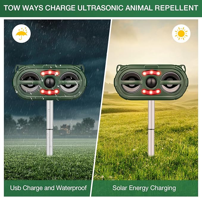 Ultrasonic Animal Repeller,Solar Pest Animal Repellent,Squirrel Repellent,Animal Deter Devices Outdoor,Cat Repellent Outdoor with Motion Sensor & Flashing Light for Yard（2 Pcs）