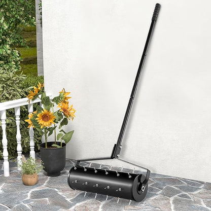 Goplus Rolling Lawn Aerator, 21-Inch Garden Yard Rotary Push Tine Filled Sand Stone, Heavy Duty Spike Soil Aeration w/Metal Handle, Fillable Drum 51" Manual Lawn Aeration Tool Garden Grass Patio Yard