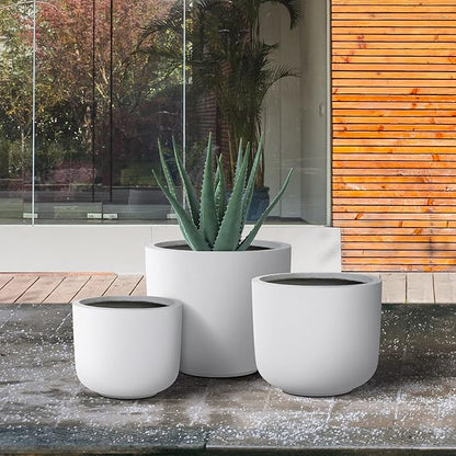 Kante 13",11",9" Dia Pure White Concrete Round Planters (Set of 3), Outdoor Indoor Modern Planter Pots, Lightweight, Weather Resistant, Seamless with Drainage Hole