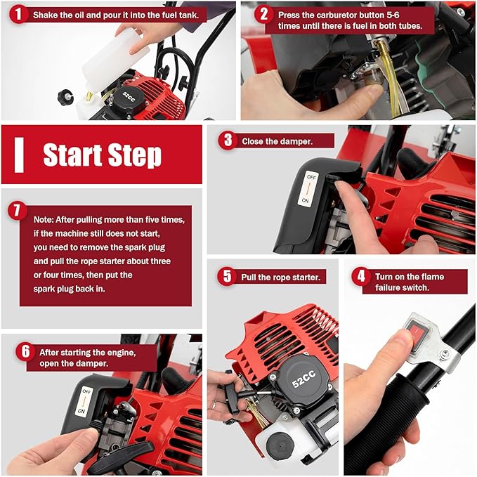 52CC Gas Powered Garden Tiller/Cultivator, 2 Stroke Mini Tiller for Gardening,1.65KW Hand Tiller, Garden Tools, Rototiller Cultivator with Long Handle,Tiller Machine for Plow, Turn The Soil