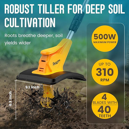 Cordless Tiller Cultivator Compatible with DEWALT 20V MAX Battery(Tool Only), Folding Electric Rototiller for Garden with 40 Steel Tines 310RPM, 9.1In Tilling Width and 6.3In Depth