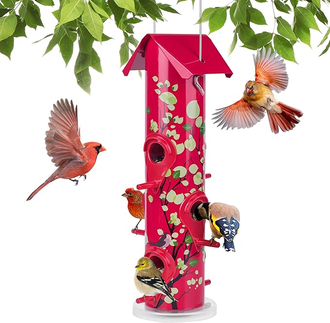 Kingsyard Metal Bird Feeders for Outdoors Hanging, 6-Ports Tube Bird Feeder, 14 inch, Durable & Weatherproof, Large Capacity for Attracting Wild Birds (Red)