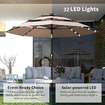 Kingdura 9ft 3-Tier Patio Umbrella with Solar Lights, Table Umbrella Outdoor Patio with Easy Crank & Tilt, 8 Sturdy Ribs, UV Protection, 32 LED Lights for Deck, Poolside, Market (Beige)