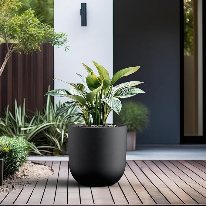 Kante 11.0" Round Concrete Planter, Large Cylinder Plant Pot with Curved Bottom and Drainage Hole, for Indoor and Outdoor Use – Garden or Patio, Black Finish with Warm Brown Interior