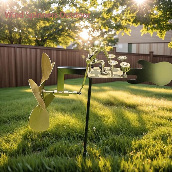 Garden Handmade Metal Rock Band Drummer Guitar Windmill, Kinetic Art Metal Sculpture Wind Spinners, Percussionist Music Rockin Art Figurine, Windmills for Yard Lawn Patio Outdoor Decor (Drummer)