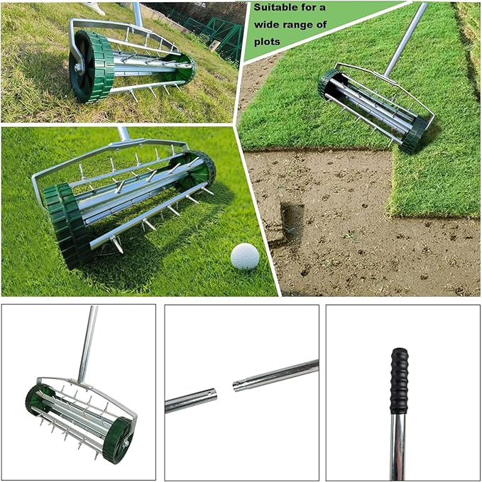 16-Inch Heavy Duty Rolling Lawn Aerator With Sharp Spikes & Anti-Slip Handle - Push Aerator for Garden, Yard - Manual Tool
