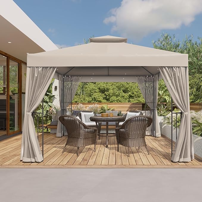 COOS BAY 10x10 Outdoor Patio Gazebo with Netting and Corner Shelves, Two-Tier Soft Top Canopy for Backyard, Lawn, Deck and Garden, Beige