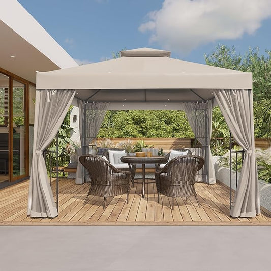 COOS BAY 10x10 Outdoor Patio Gazebo with Netting and Corner Shelves, Two-Tier Soft Top Canopy for Backyard, Lawn, Deck and Garden, Beige