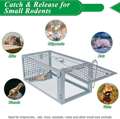 2 Packs Humane Rat Trap Outdoor, Wanqueen Humane Mouse Traps Indoor for Home, Small Rodent Chipmunk Trap and Other Live Animal Cage Catch and Release