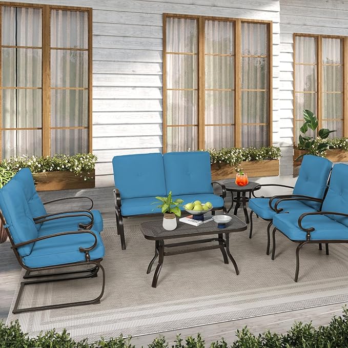 7-Piece Outdoor Metal Furniture Sets Patio Conversation Set, Wrought Iron Loveseat, 2 Dining Chairs, 2 Spring Chairs and Coffee Table, Peacock Blue
