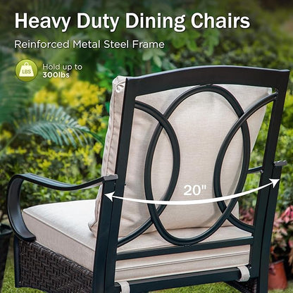 PHI VILLA 7 Pieces Patio Dining Set, Outdoor Round Table and Chairs for 6, 52" Round Dining Table with Umbrella Hole & 6 Heavy Metal Wicker Chairs with Thick Cushions