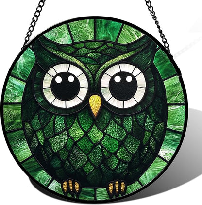 Stained Glass Window Hanging - Green Owl Suncatcher for Doors Garden Patio Funny Bird Sun Catchers Decor Christmas Mother's Day Birthday Teenager Gifts for Women Men Mom Nana Friend 6.3 in
