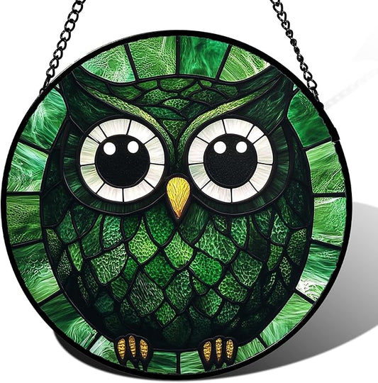 Stained Glass Window Hanging - Green Owl Suncatcher for Doors Garden Patio Funny Bird Sun Catchers Decor Christmas Mother's Day Birthday Teenager Gifts for Women Men Mom Nana Friend 11.8 in