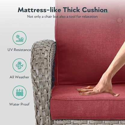 Outdoor Swivel Glider Rocker Chairs Set of 4 - Wicker Patio Furniture Set All Weather Patio Conversatio Sets with 2 Tempered Glass Side Table for Deck Backyard - Grey Wicker Red Cushion